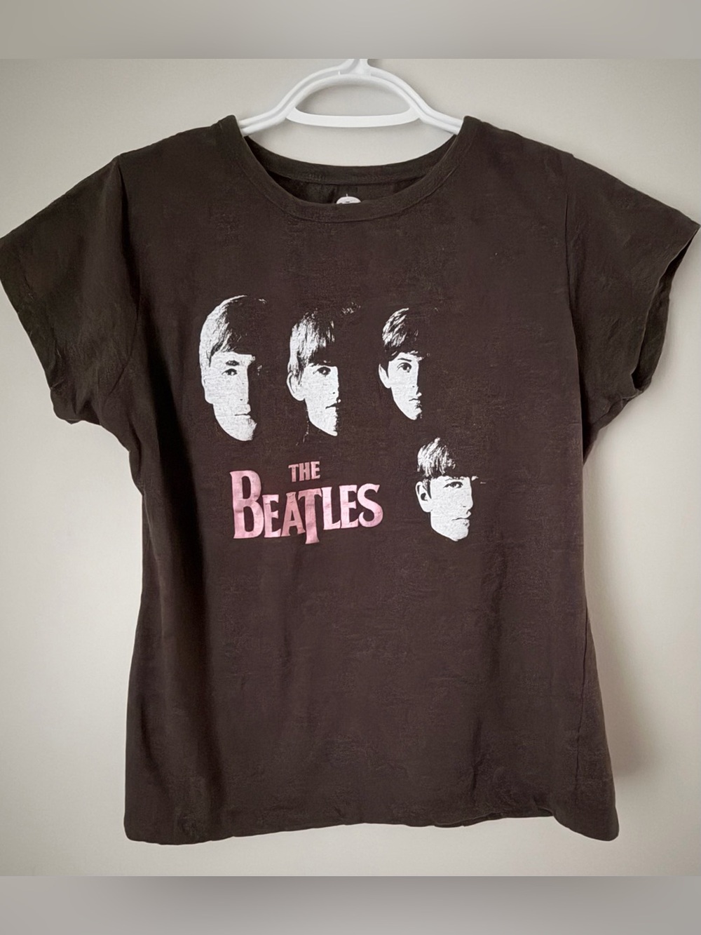 The Beatles Black Tee with Pink Logo and White Faces